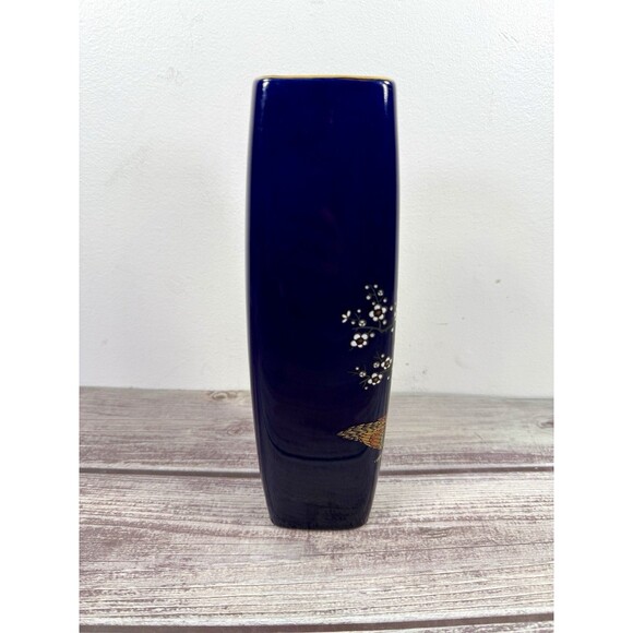 Cobalt Blue Peacock and Floral Vase 22-Gold Trim porcelain vtg - Picture 10 of 13
